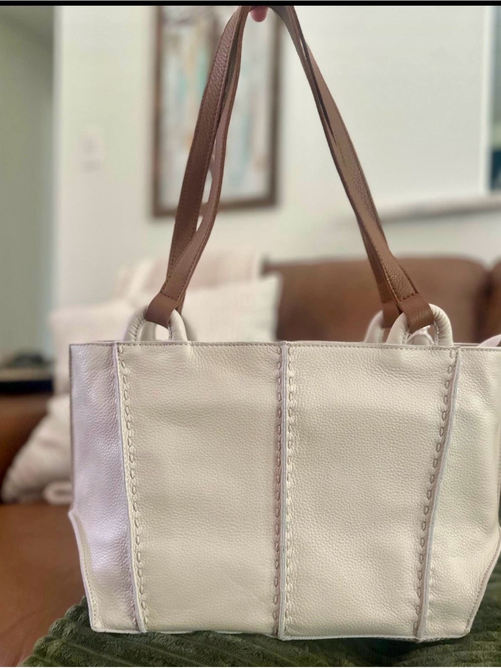 The Sak Cream Tote with Brown Shoulder Straps